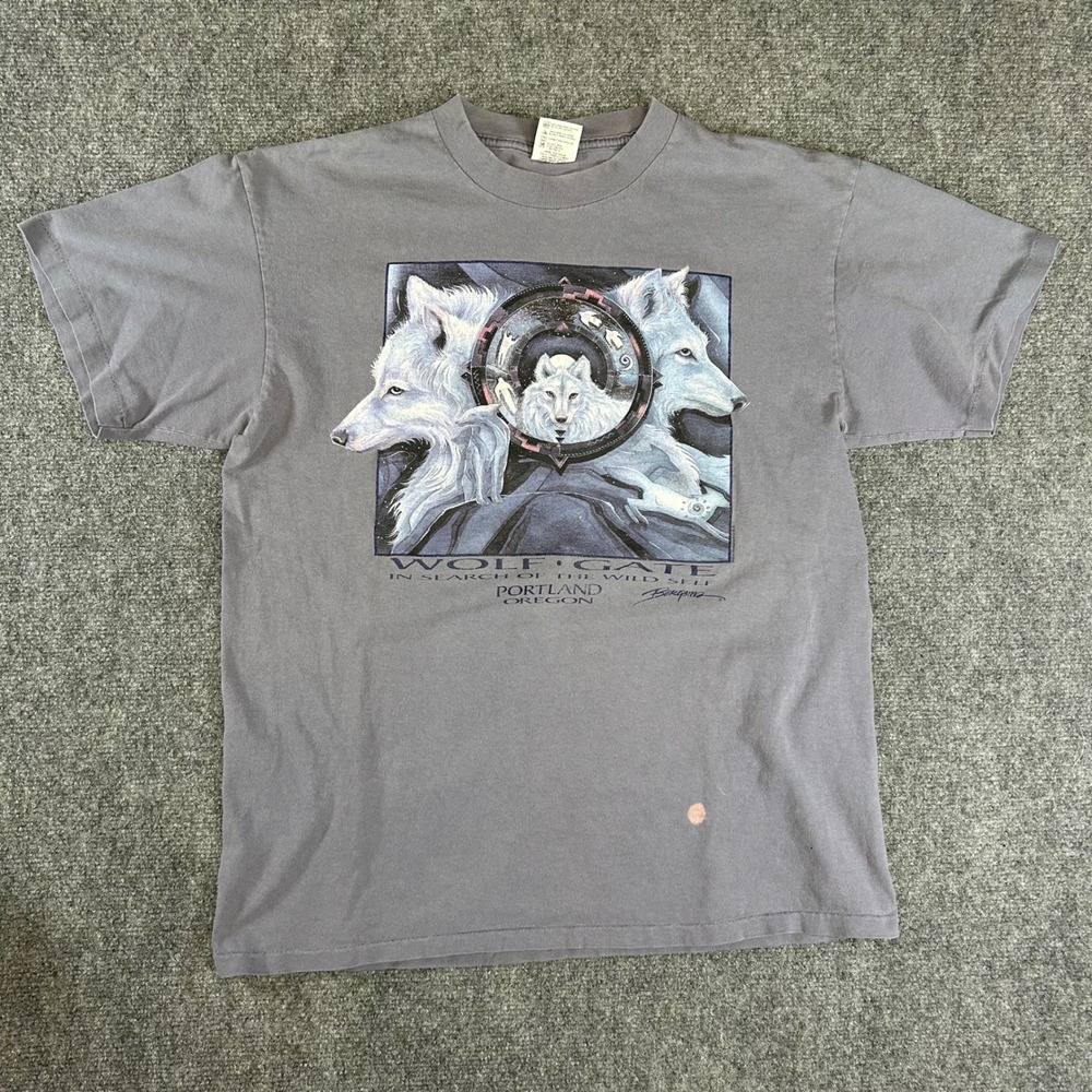 Vintage Anvil Wolf Gate Portland Oregon Graphic T-Shirt Gray Large Single Stitch